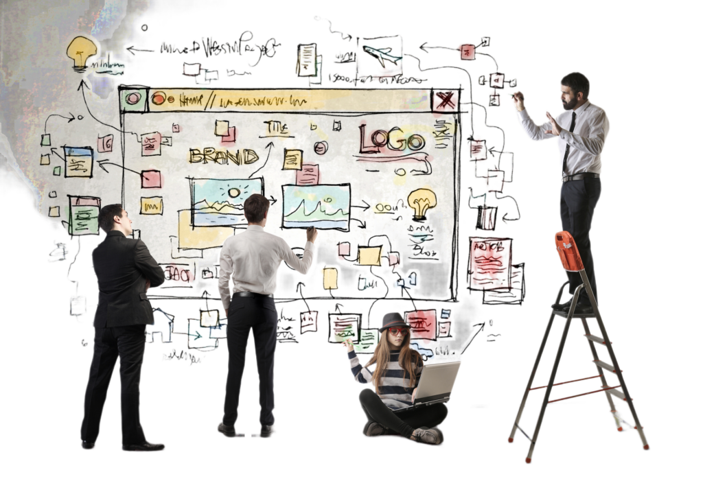 A bunch of people standing around a white board planning.