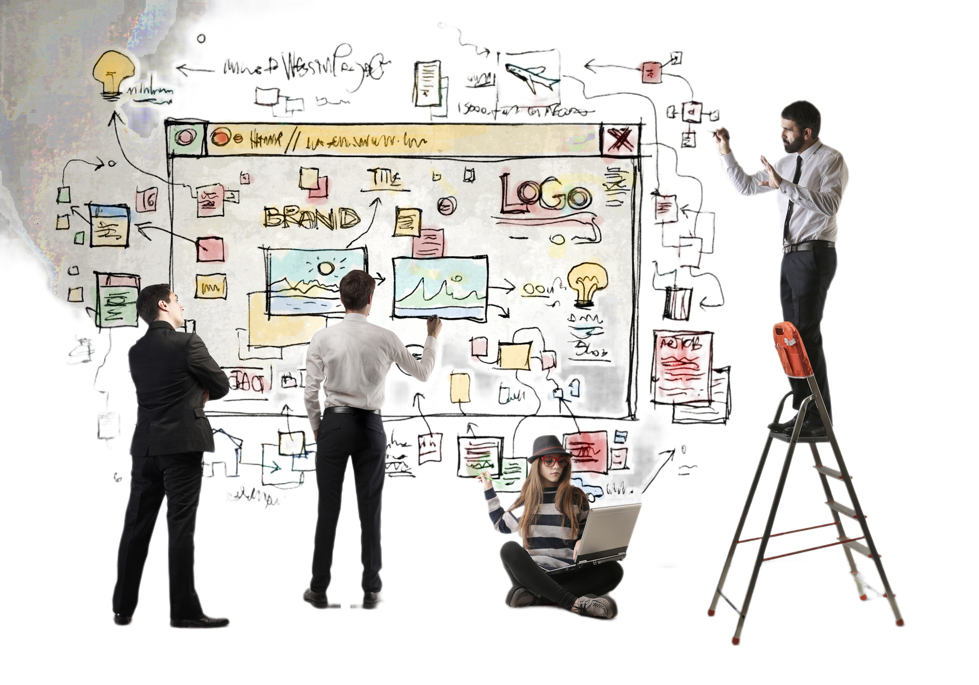 A bunch of people standing around a white board planning.